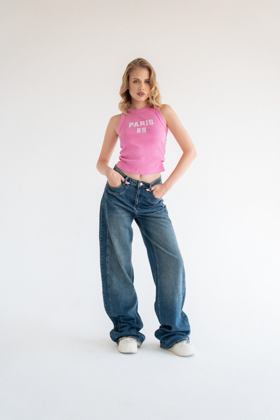 High-Waist Dirty Wash Long Straight Leg Jeans