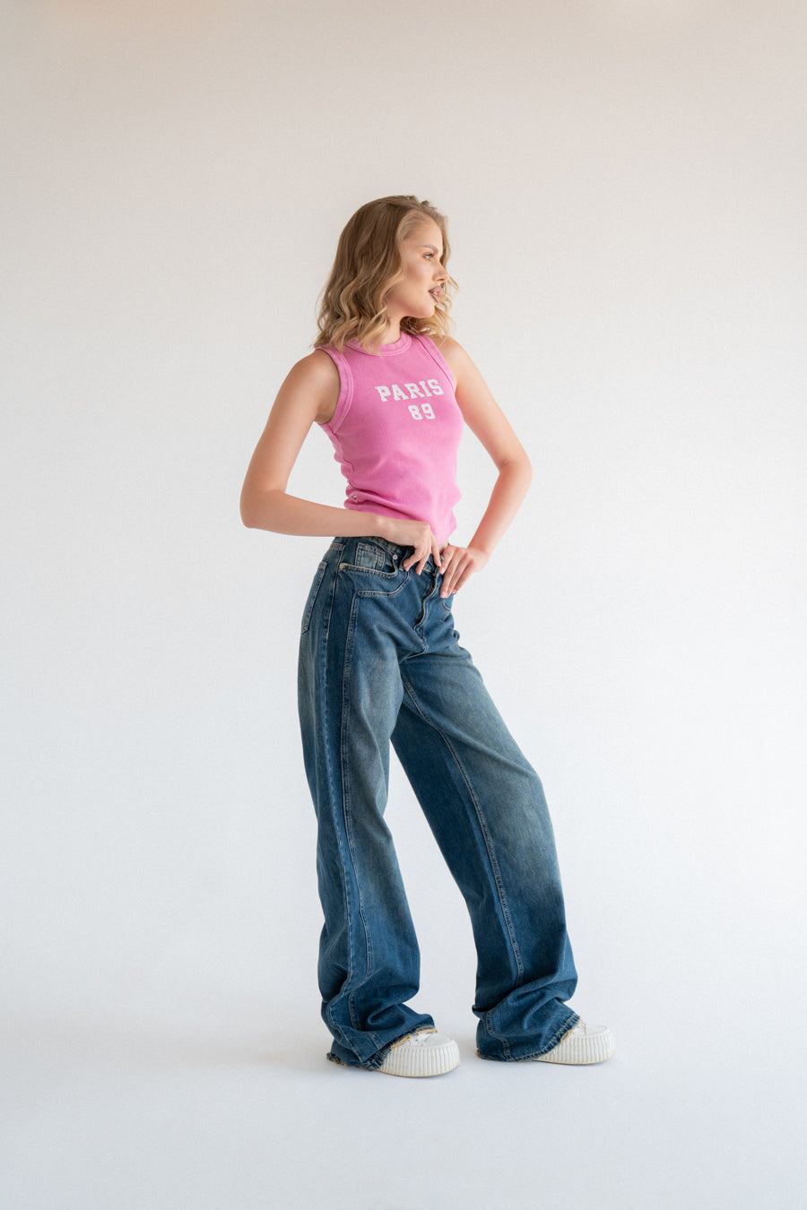 High-Waist Dirty Wash Long Straight Leg Jeans