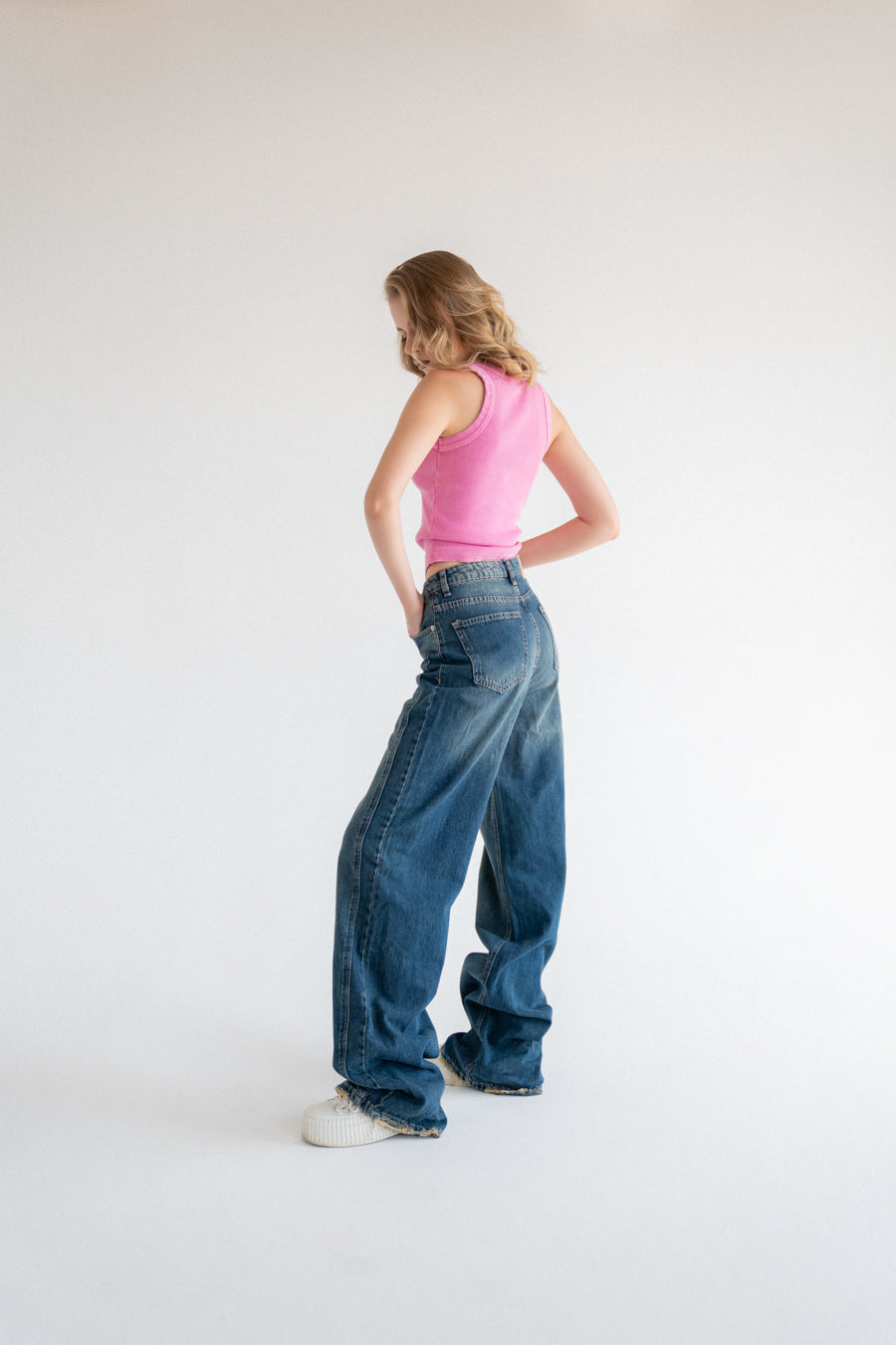 High-Waist Dirty Wash Long Straight Leg Jeans