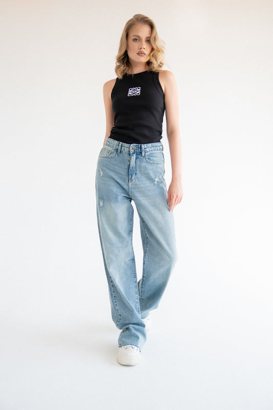 Hight-Waist Light Acid Wash Straight Leg Jeans