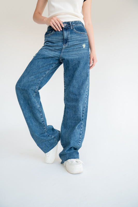 Hight-waist dirty wash straight leg jeans
