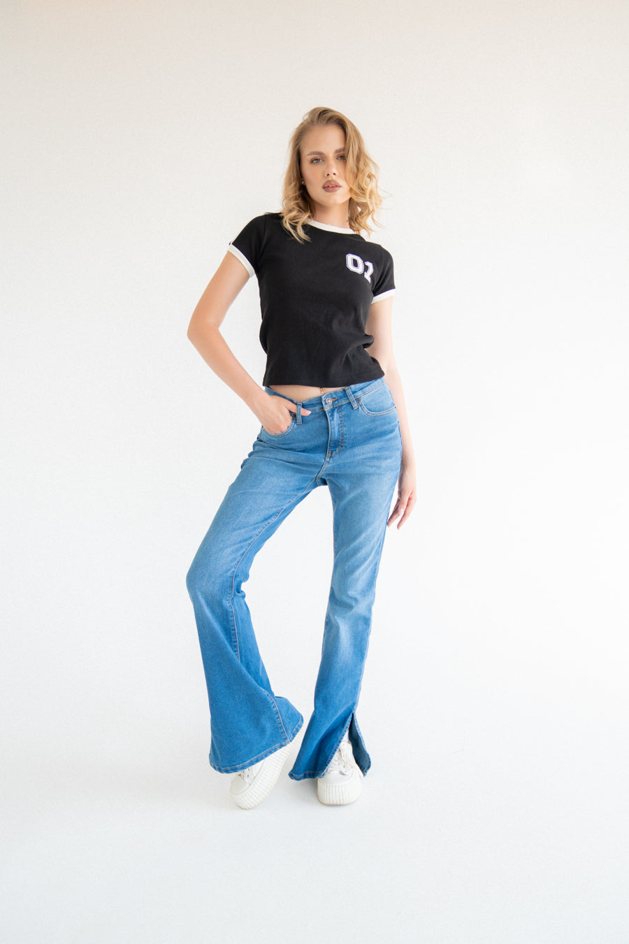 High-Waist Medium Blue Split Hem Flare Jeans