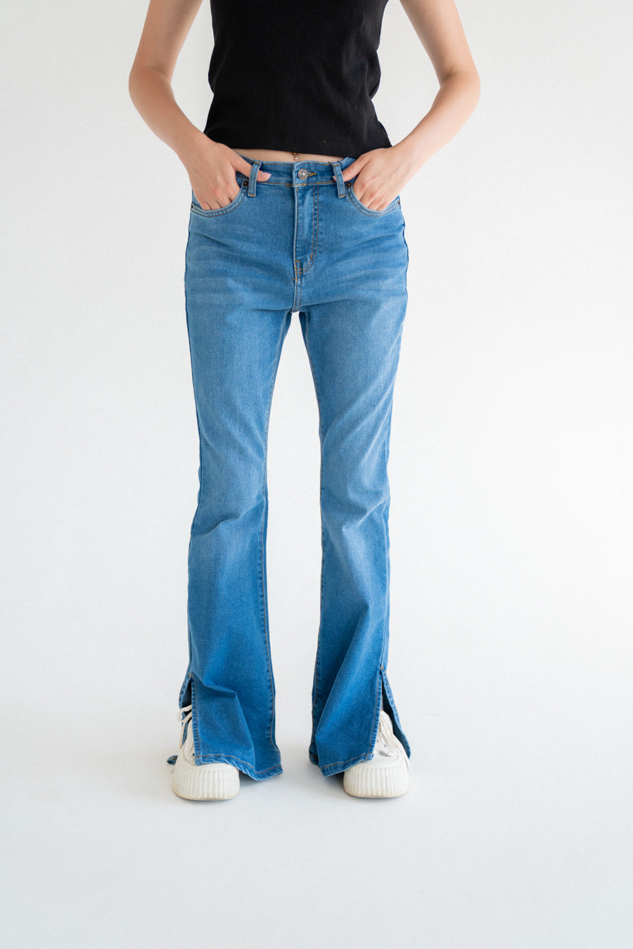 High-Waist Medium Blue Split Hem Flare Jeans