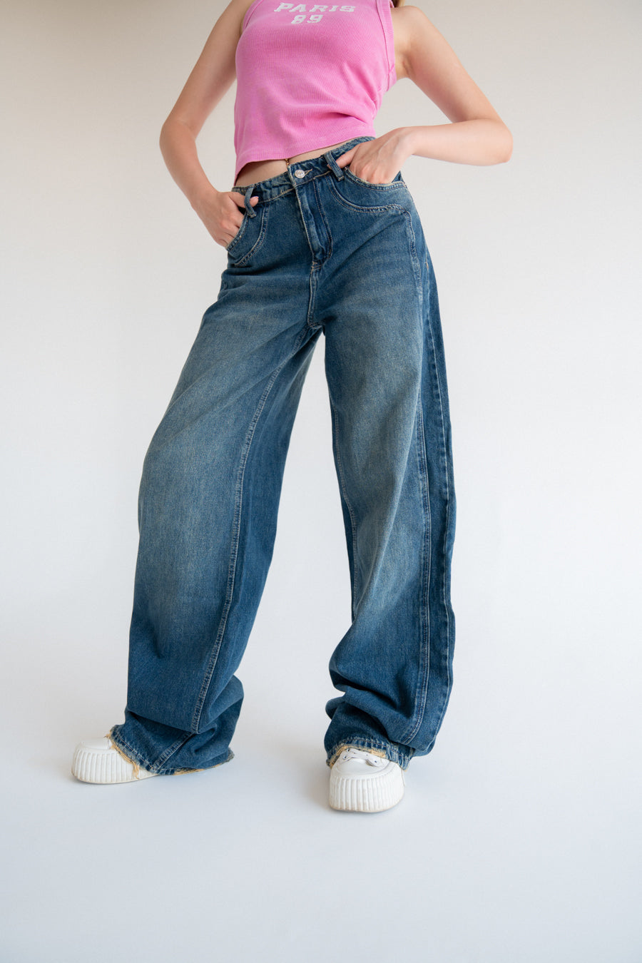 High-Waist Dirty Wash Long Straight Leg Jeans