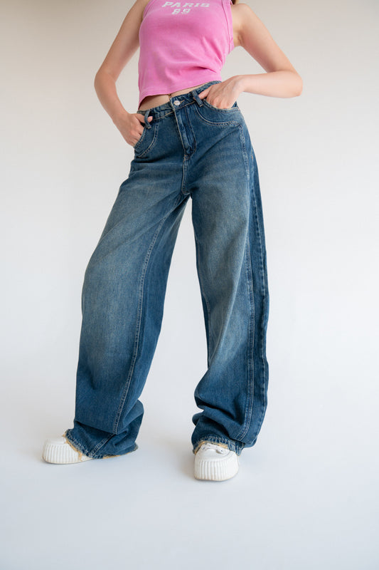 High-Waist Dirty Wash Long Straight Leg Jeans